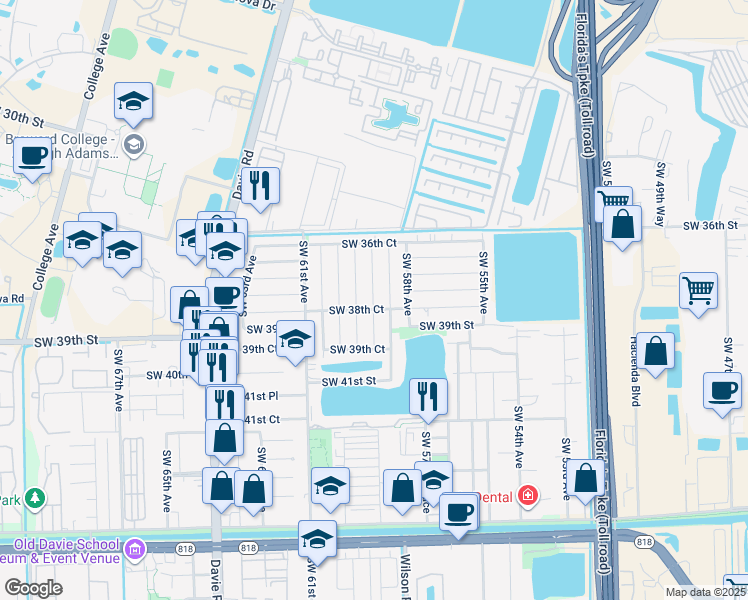 map of restaurants, bars, coffee shops, grocery stores, and more near 3810 Southwest 59th Terrace in Davie