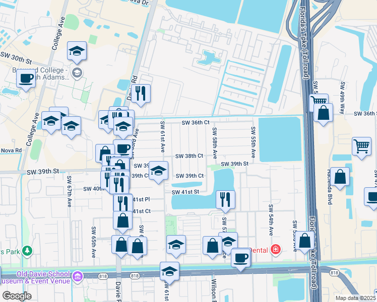 map of restaurants, bars, coffee shops, grocery stores, and more near 3810 Southwest 59th Terrace in Davie