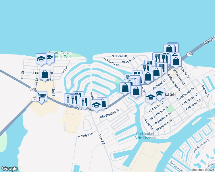 map of restaurants, bars, coffee shops, grocery stores, and more near 901 Bass Avenue in Port Isabel