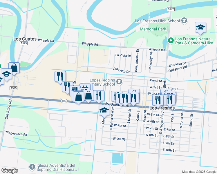 map of restaurants, bars, coffee shops, grocery stores, and more near 616 North Mesquite Street in Los Fresnos