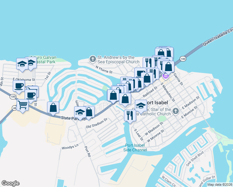 map of restaurants, bars, coffee shops, grocery stores, and more near 322 Highway 100 PI W Texac in Port Isabel