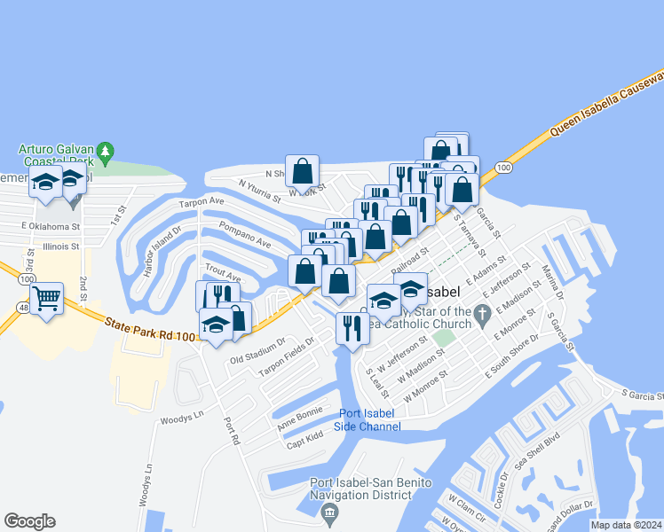 map of restaurants, bars, coffee shops, grocery stores, and more near 322 Highway 100 PI W Texac in Port Isabel