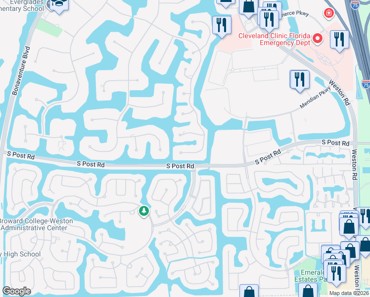 map of restaurants, bars, coffee shops, grocery stores, and more near 3520 Paddock Road in Weston