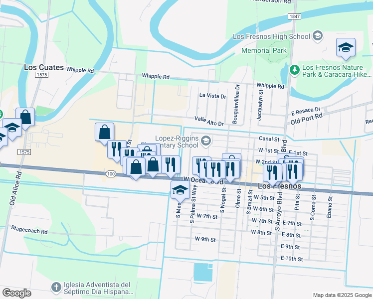 map of restaurants, bars, coffee shops, grocery stores, and more near 616 North Mesquite Street in Los Fresnos