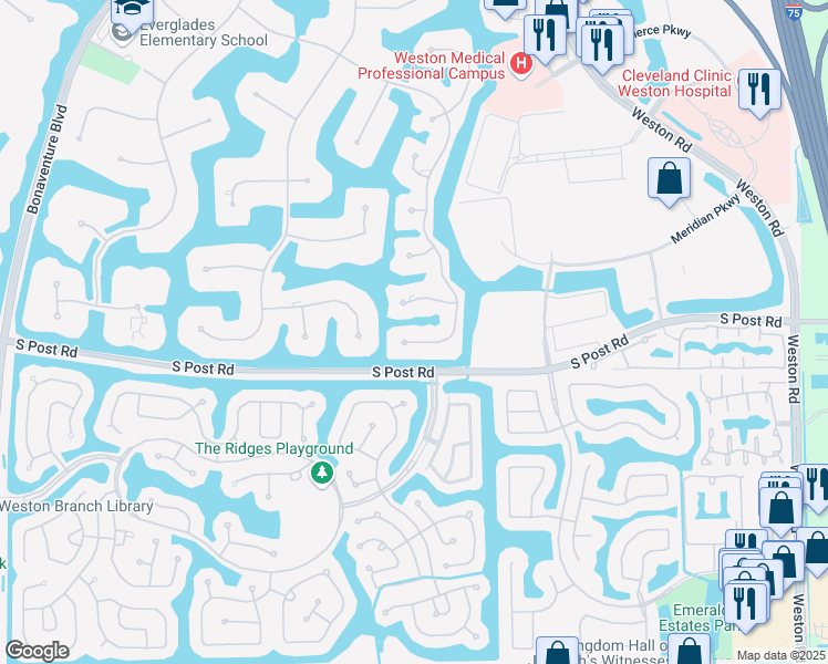 map of restaurants, bars, coffee shops, grocery stores, and more near 3520 Paddock Road in Weston