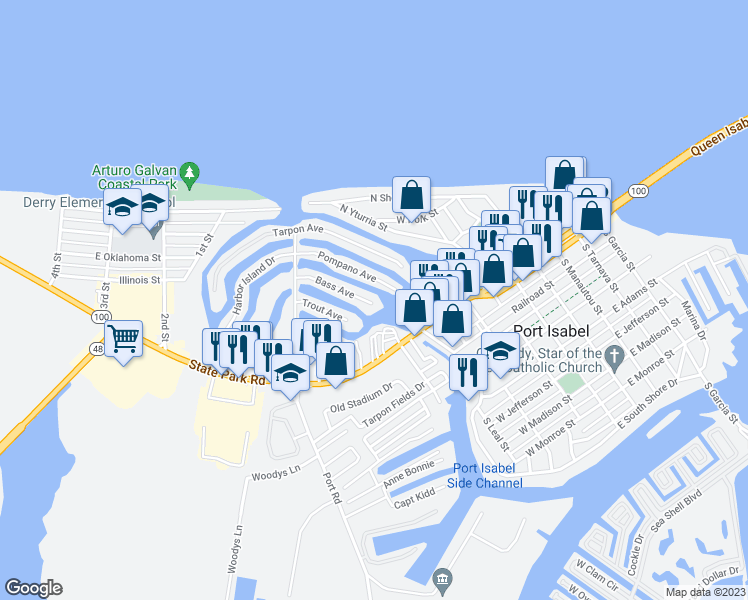 map of restaurants, bars, coffee shops, grocery stores, and more near 901 Bass Avenue in Port Isabel