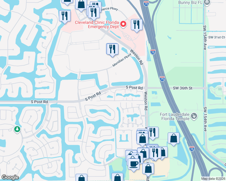 map of restaurants, bars, coffee shops, grocery stores, and more near 16000 South Post Road in Weston