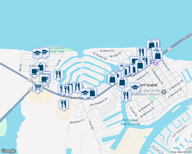 map of restaurants, bars, coffee shops, grocery stores, and more near 901 Bass Avenue in Port Isabel