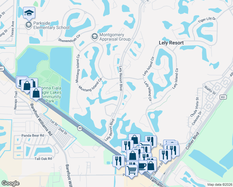 map of restaurants, bars, coffee shops, grocery stores, and more near 8682 Mustang Drive in Naples