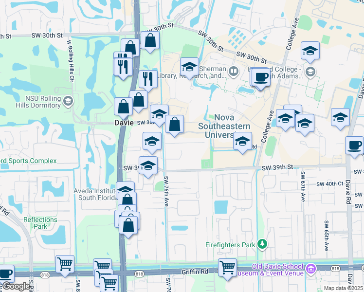 map of restaurants, bars, coffee shops, grocery stores, and more near 7490 Southwest 37 Court in Davie