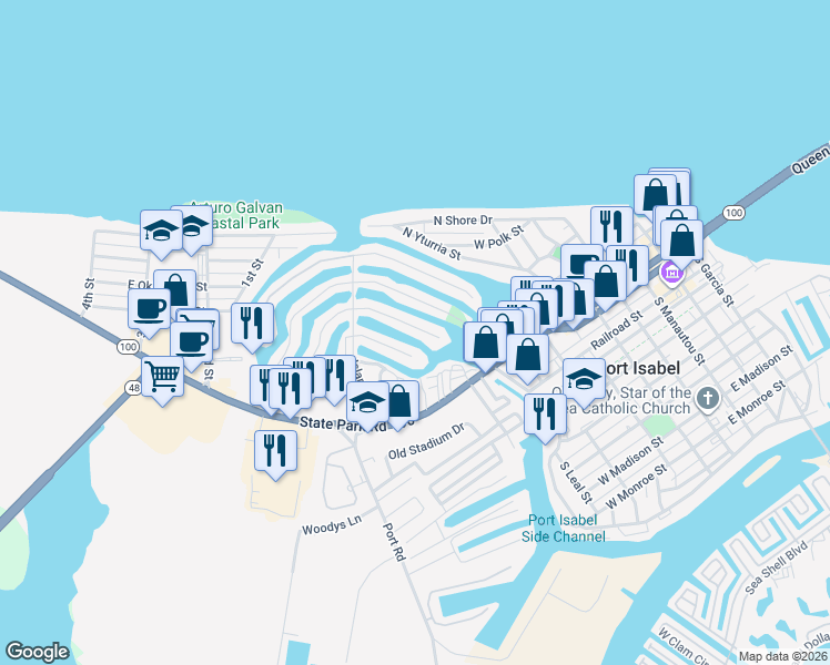 map of restaurants, bars, coffee shops, grocery stores, and more near 901 Bass Avenue in Port Isabel