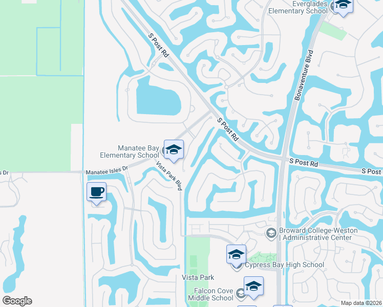 map of restaurants, bars, coffee shops, grocery stores, and more near 19074 Park Ridge Street in Weston
