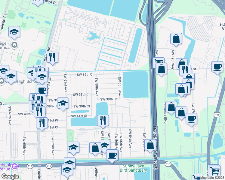 map of restaurants, bars, coffee shops, grocery stores, and more near 5601 Southwest 38th Court in Davie