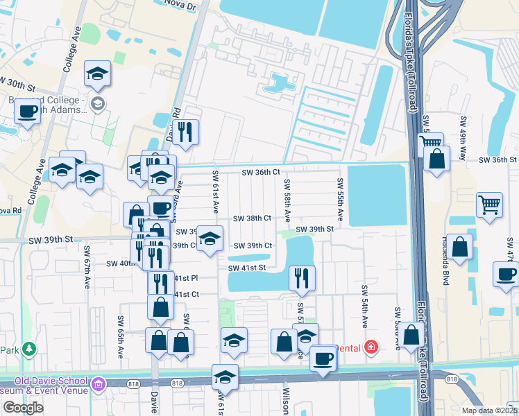map of restaurants, bars, coffee shops, grocery stores, and more near 3810 Southwest 59th Terrace in Davie