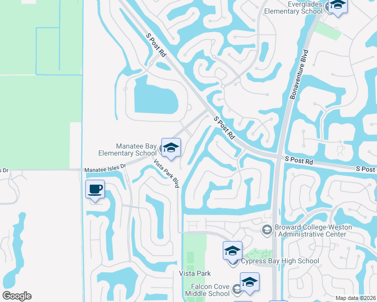 map of restaurants, bars, coffee shops, grocery stores, and more near 19074 Park Ridge Street in Weston