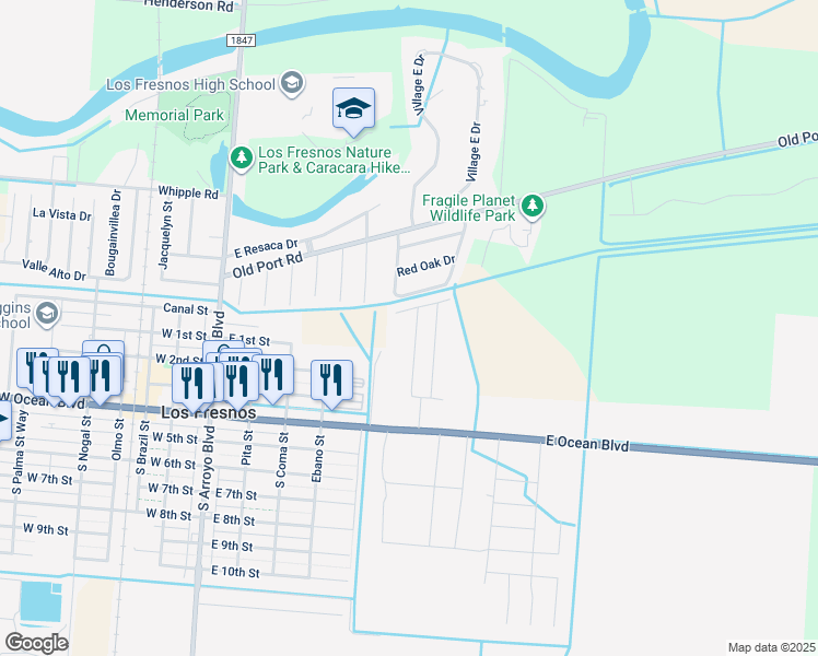 map of restaurants, bars, coffee shops, grocery stores, and more near 403 Valley Oak Circle in Los Fresnos