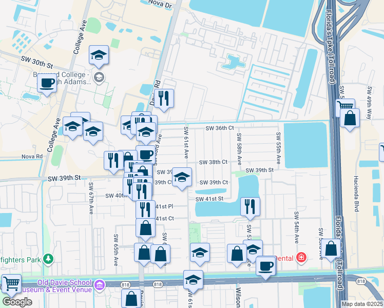 map of restaurants, bars, coffee shops, grocery stores, and more near 3801 Southwest 60th Terrace in Davie