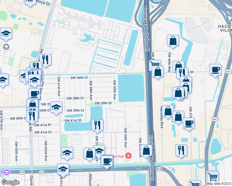 map of restaurants, bars, coffee shops, grocery stores, and more near 3810 Southwest 55th Avenue in Davie