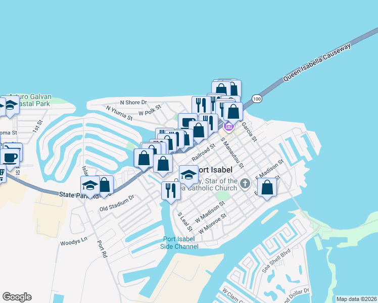 map of restaurants, bars, coffee shops, grocery stores, and more near 115 West Queen Isabella Boulevard in Port Isabel