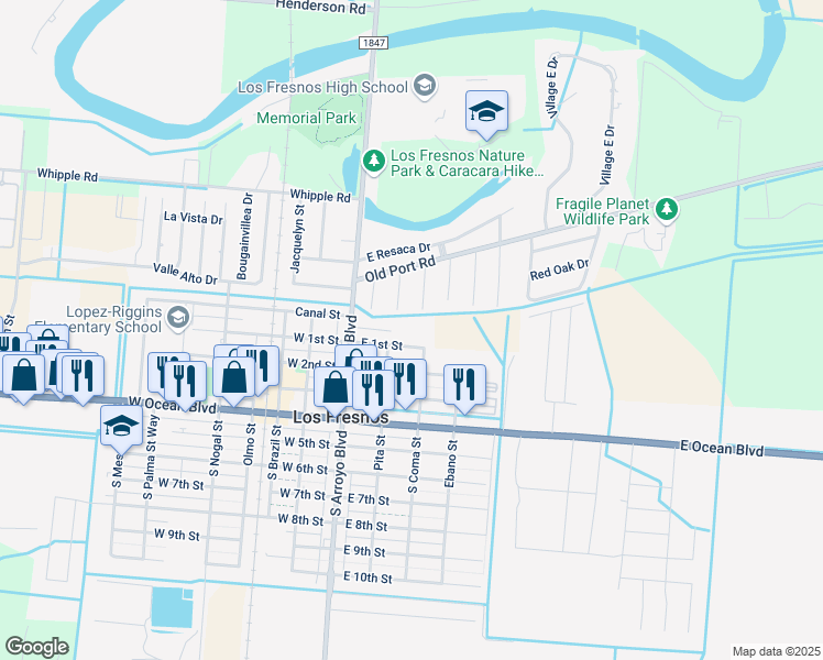 map of restaurants, bars, coffee shops, grocery stores, and more near 208 East 1st Street in Los Fresnos