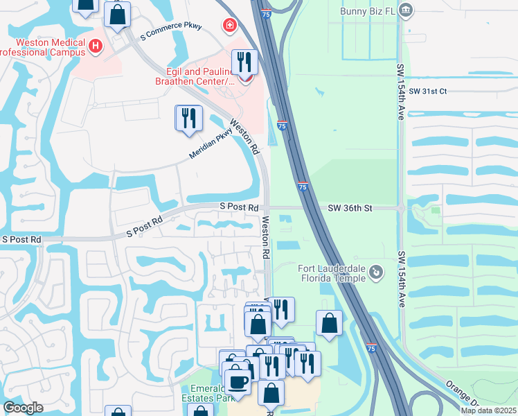 map of restaurants, bars, coffee shops, grocery stores, and more near 16012 South Post Road in Weston