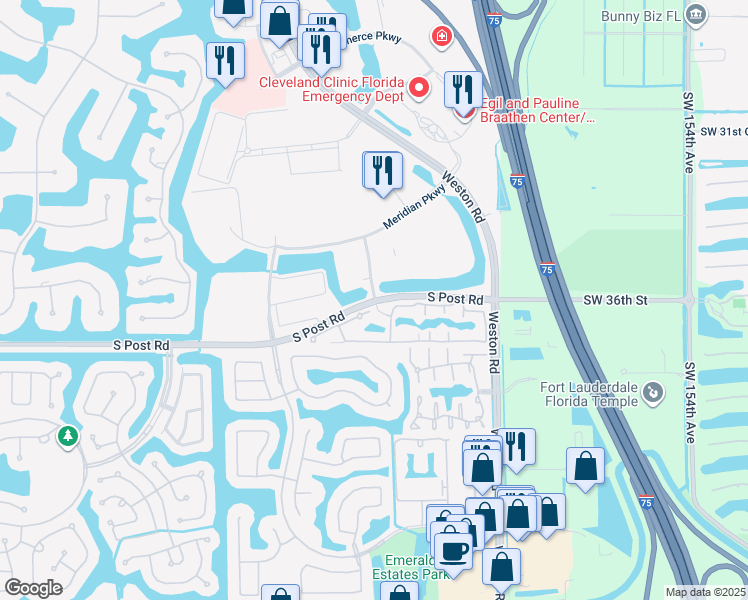map of restaurants, bars, coffee shops, grocery stores, and more near 16401 South Post Road in Weston