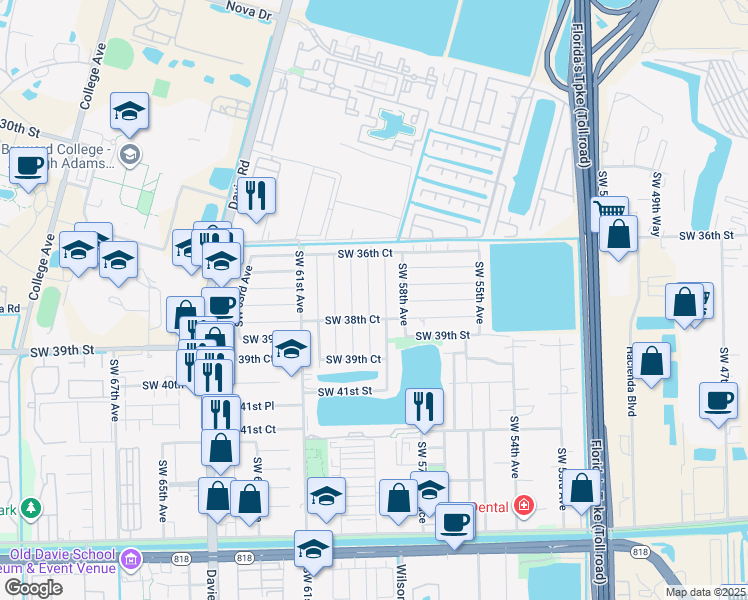 map of restaurants, bars, coffee shops, grocery stores, and more near 3810 Southwest 58th Terrace in Davie