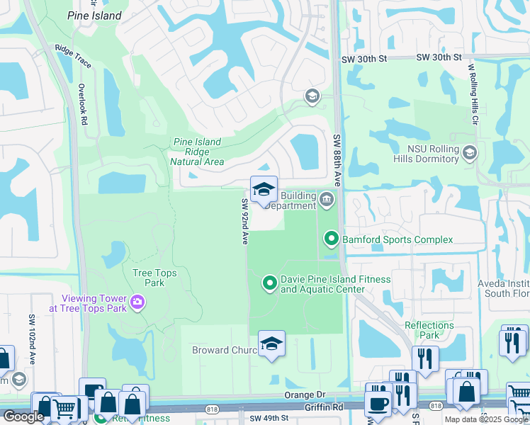 map of restaurants, bars, coffee shops, grocery stores, and more near 9100 Southwest 36th Street in Davie
