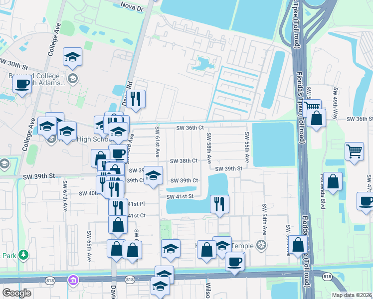 map of restaurants, bars, coffee shops, grocery stores, and more near 3810 Southwest 59th Terrace in Davie