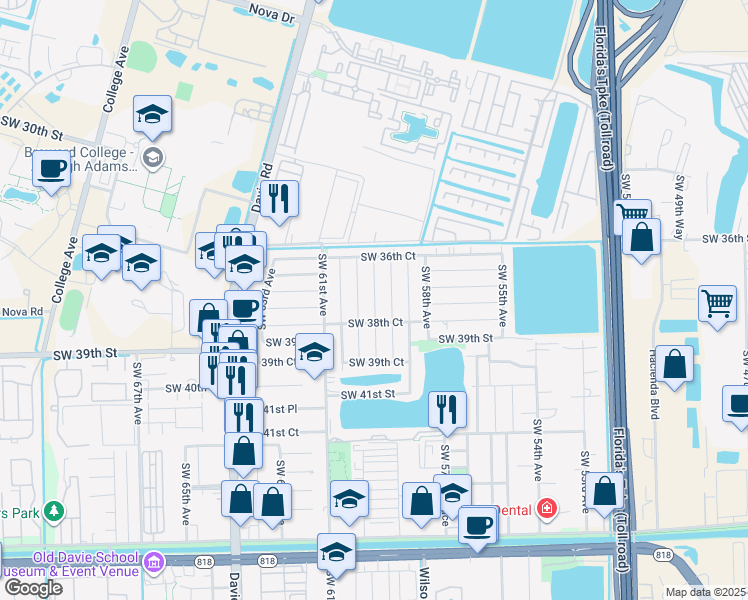 map of restaurants, bars, coffee shops, grocery stores, and more near 3810 Southwest 59th Terrace in Davie