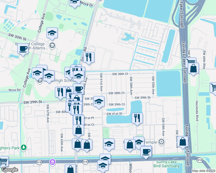 map of restaurants, bars, coffee shops, grocery stores, and more near 3810 Southwest 60th Terrace in Davie
