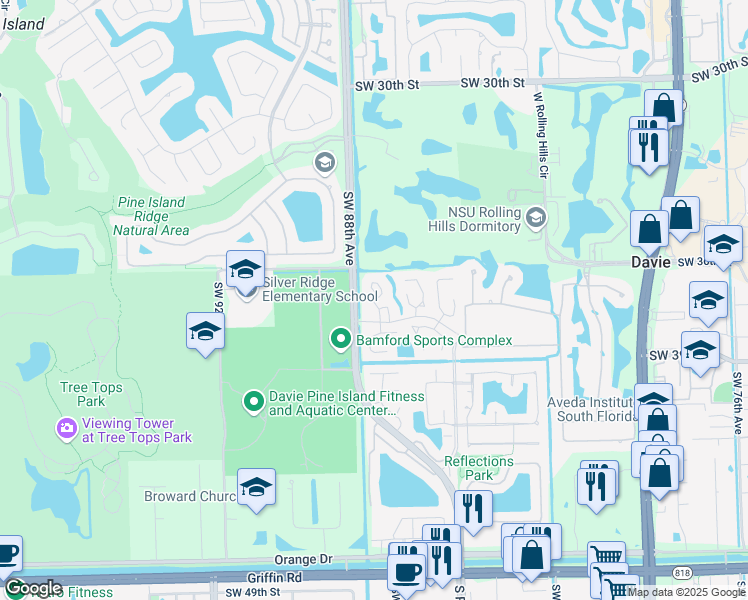 map of restaurants, bars, coffee shops, grocery stores, and more near 21 North Citrus Trce in Davie
