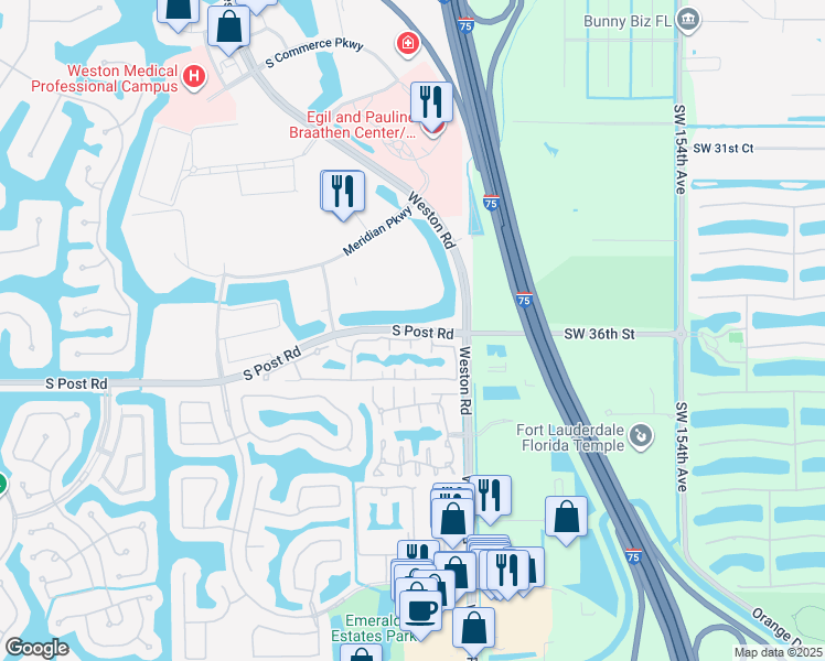 map of restaurants, bars, coffee shops, grocery stores, and more near 16012-16214 S Post Rd in Weston