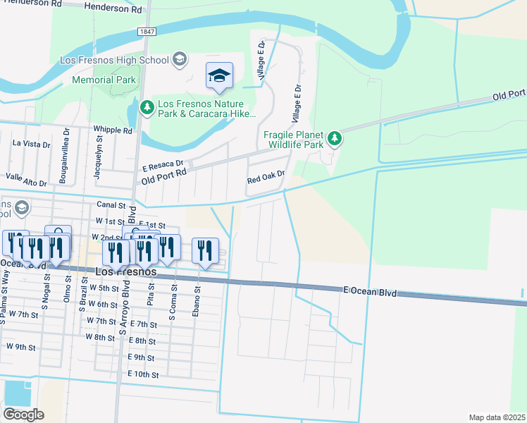 map of restaurants, bars, coffee shops, grocery stores, and more near 403 Valley Oak Circle in Los Fresnos