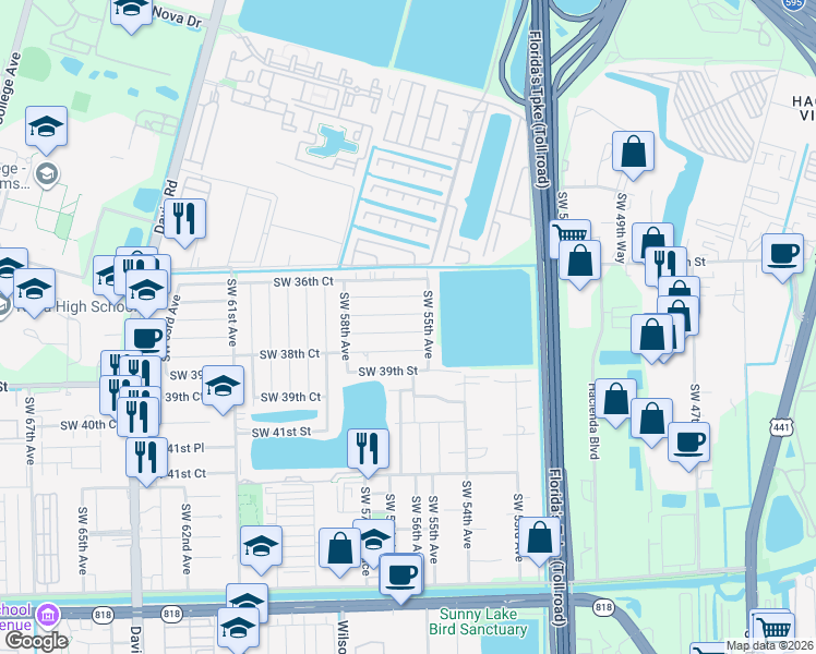 map of restaurants, bars, coffee shops, grocery stores, and more near 5601 Southwest 38th Court in Davie