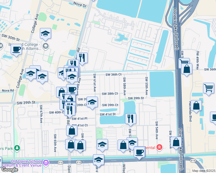 map of restaurants, bars, coffee shops, grocery stores, and more near 3810 Southwest 59th Terrace in Davie