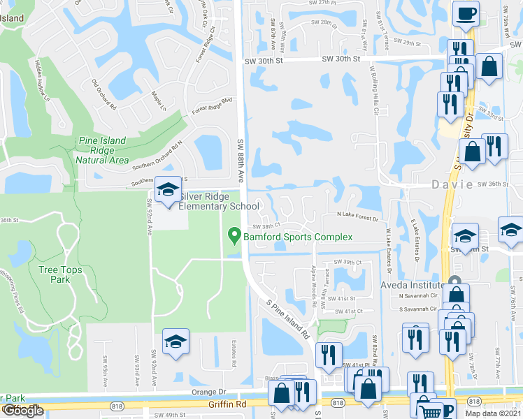 map of restaurants, bars, coffee shops, grocery stores, and more near 21 North Citrus Trce in Davie