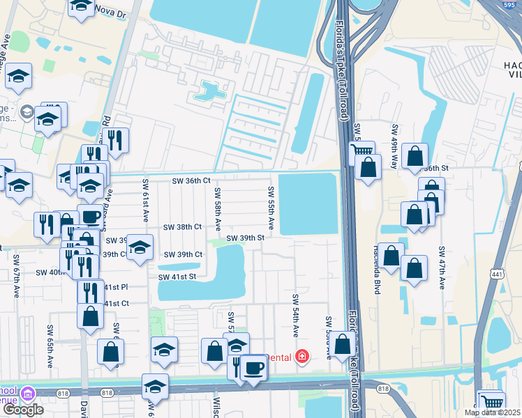 map of restaurants, bars, coffee shops, grocery stores, and more near 5601 Southwest 38th Court in Davie