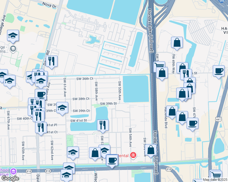 map of restaurants, bars, coffee shops, grocery stores, and more near 5601 Southwest 38th Court in Davie