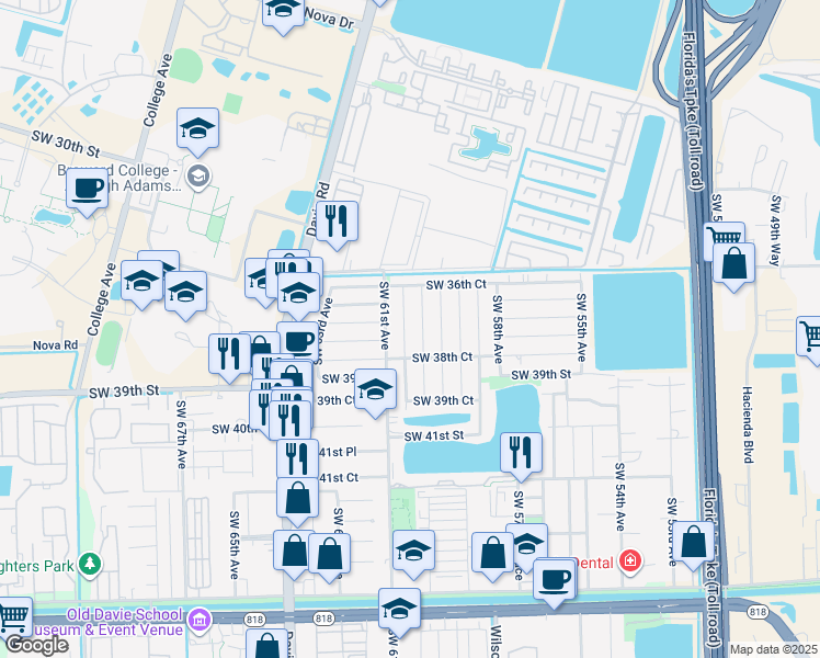 map of restaurants, bars, coffee shops, grocery stores, and more near 3810 Southwest 60th Terrace in Davie