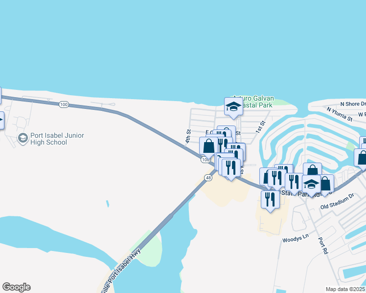 map of restaurants, bars, coffee shops, grocery stores, and more near 49403 East Ocean Boulevard in Port Isabel