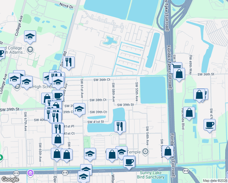 map of restaurants, bars, coffee shops, grocery stores, and more near 3810 Southwest 58th Terrace in Davie