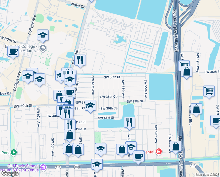 map of restaurants, bars, coffee shops, grocery stores, and more near 3810 Southwest 59th Terrace in Davie