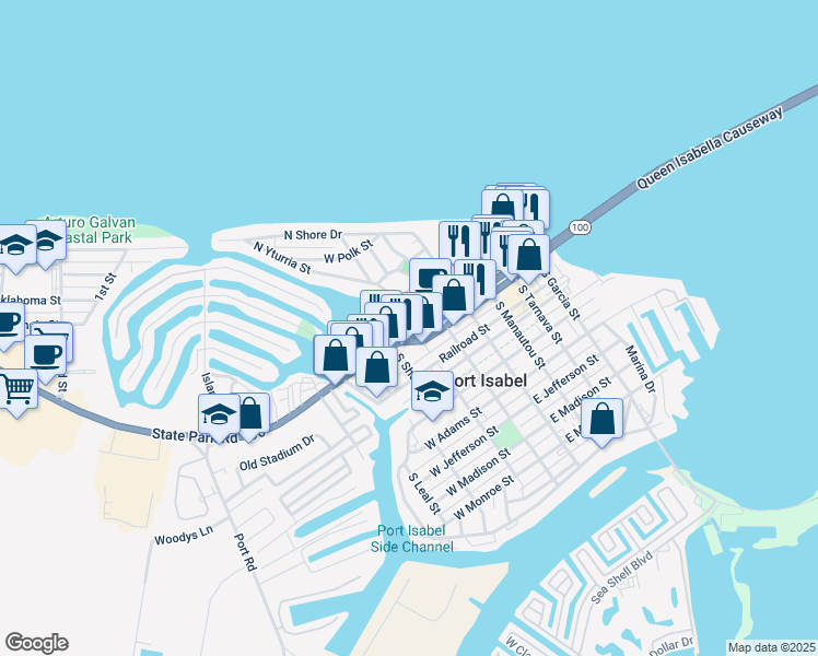 map of restaurants, bars, coffee shops, grocery stores, and more near 202 West Queen Isabella Boulevard in Port Isabel
