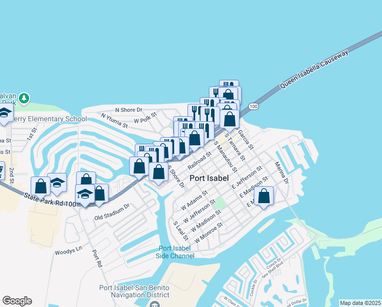 map of restaurants, bars, coffee shops, grocery stores, and more near Texas 100 in Port Isabel