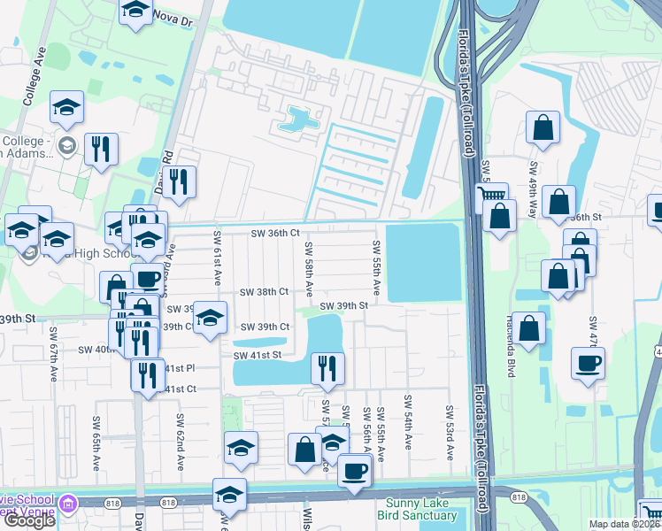 map of restaurants, bars, coffee shops, grocery stores, and more near 5720 Southwest 37th Street in Davie