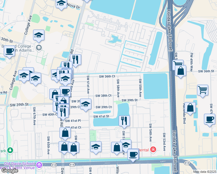 map of restaurants, bars, coffee shops, grocery stores, and more near 3686 Southwest 59th Terrace in Davie