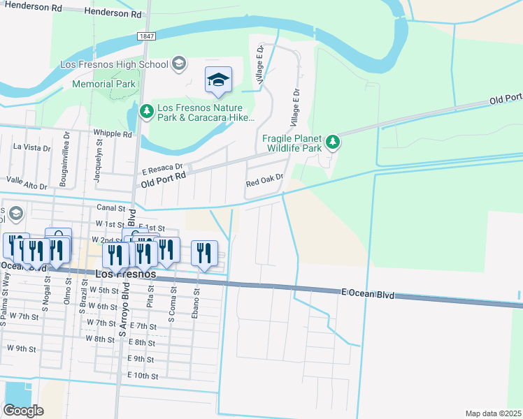 map of restaurants, bars, coffee shops, grocery stores, and more near Village Oak Cir in Los Fresnos