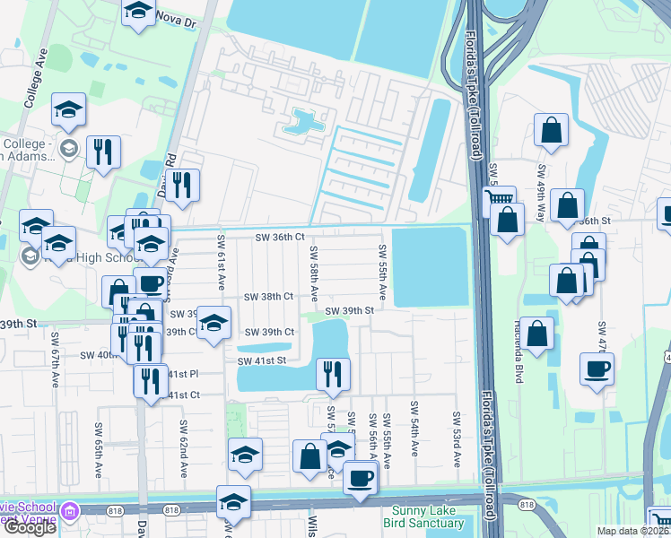 map of restaurants, bars, coffee shops, grocery stores, and more near 5720 Southwest 37th Street in Davie