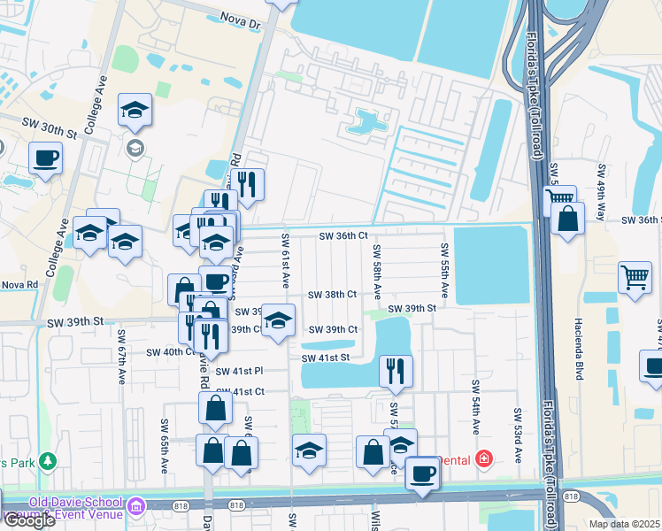 map of restaurants, bars, coffee shops, grocery stores, and more near 3686 Southwest 59th Terrace in Davie